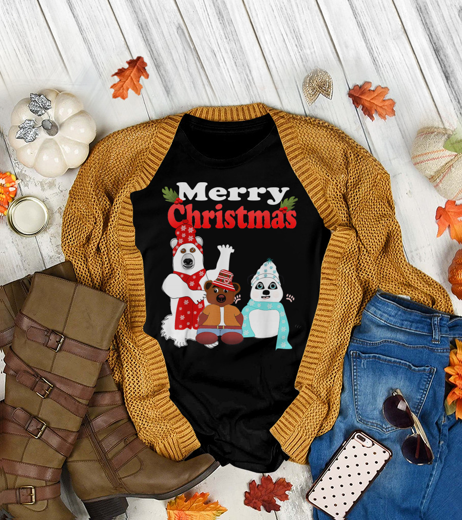 Merry Christmas Northern Bear Teddy Bear Trio T-Shirt