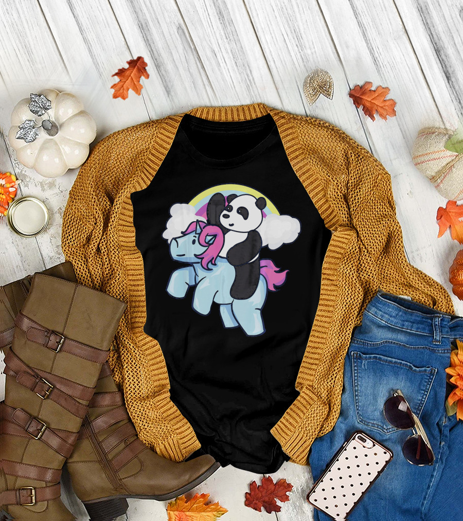 Panda Riding Unicorn Cute Meme Pandacor Rainbow Clouds T-Shirt