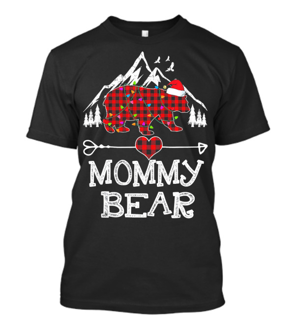 Mommy Bear Christmas Red Plaid Santa Hat Mountains Pine Trees T-Shirt