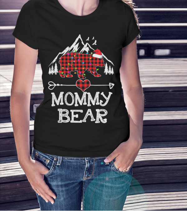 Mommy Bear Christmas Red Plaid Santa Hat Mountains Pine Trees T-Shirt
