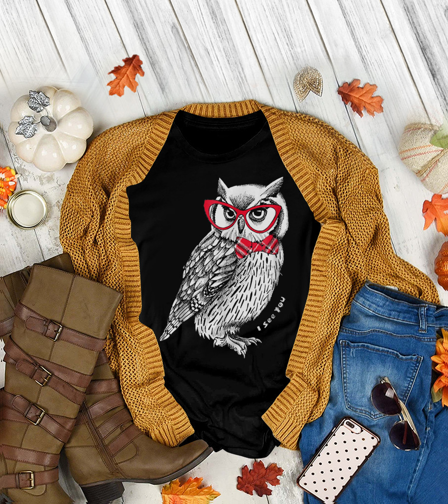 Owl Sapienza I See You Red Glasses and Bow Tie T-Shirt