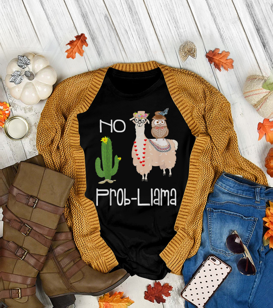 No Prob Llama Owl in Hat with Cactus and Hearts T-Shirt