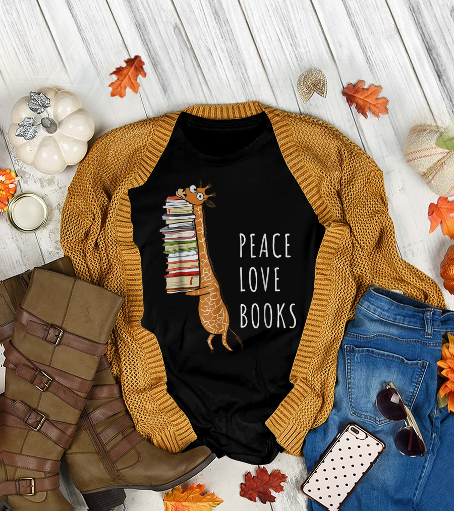 Peace Love Books Cute Giraffe with Bookworm T-Shirt