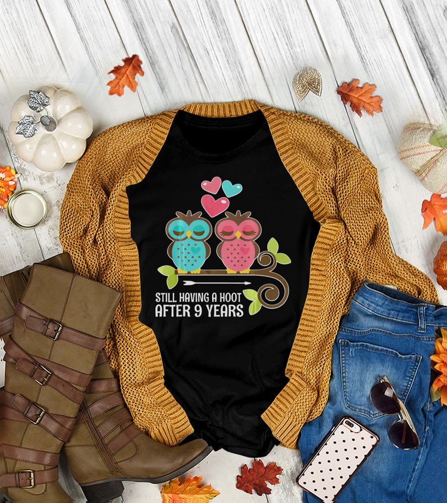 Still Having A Hoot After 9 Years Owl Couple Hearts T-Shirt