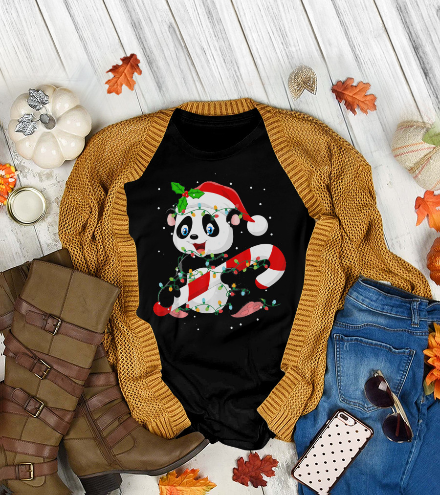 Panda Wrapped in Christmas Tree Lights with Santa Hat and Candy Cane T-Shirt