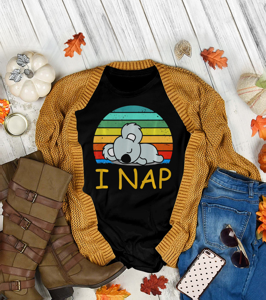 Nope Funny Lazy Koala I Nap Retro Rainbow Stripes T-Shirt