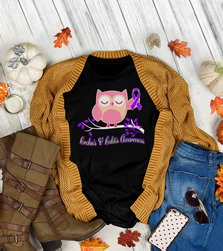 Crohn's and Colitis Awareness Owl with Purple Ribbon on Branch T-Shirt