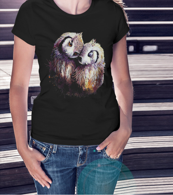 The Dreaming Dragon Owl Pair Embrace: Two Owls Hugging Harmony T-Shirt