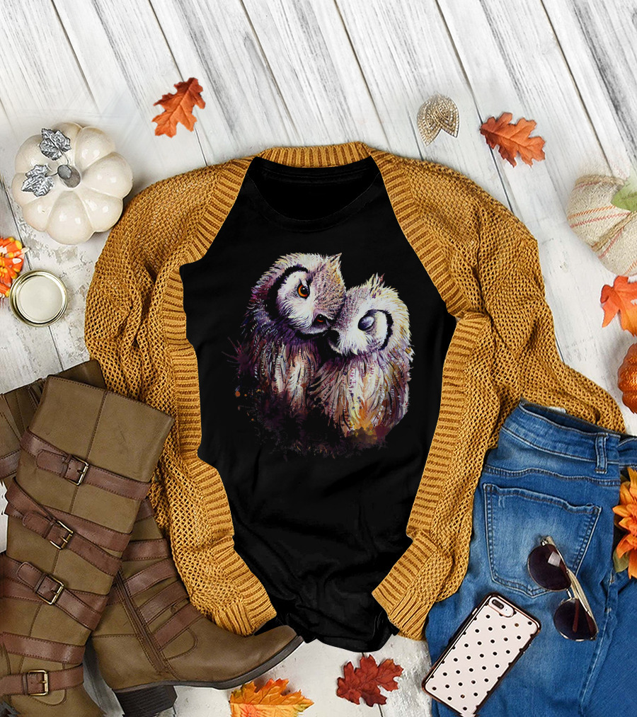 The Dreaming Dragon Owl Pair Embrace: Two Owls Hugging Harmony T-Shirt