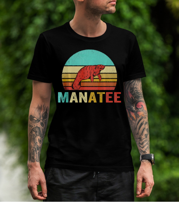 Manatee Vintage Sunset Retro Stripes T-Shirt