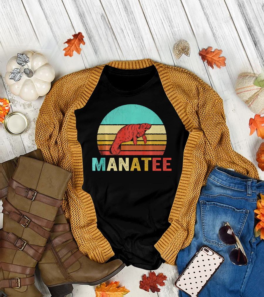 Manatee Vintage Sunset Retro Stripes T-Shirt