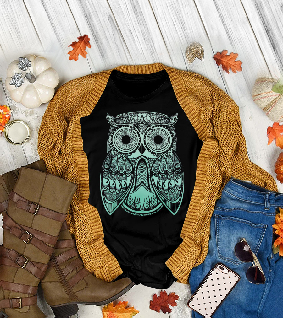 Teal Gradient Paisley Henna Owl Bohemian Mandala T-Shirt