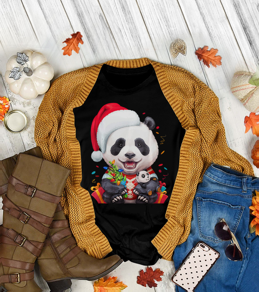Smiling Giant Panda Bear with Christmas Lights and Santa Hat T-Shirt