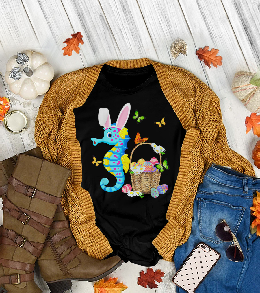 Seahorse Bunny with Easter Eggs and Butterflies T-Shirt