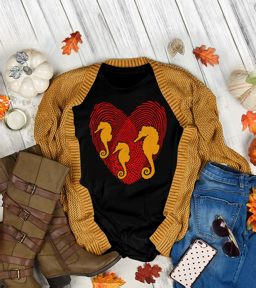 Valentines Day Seahorse Heart Love Valen Fingerprint T-Shirt
