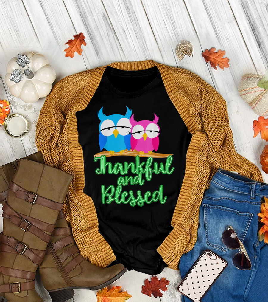 Thankful And Blessed Cute Colorful Owls Hoot Couple T-Shirt