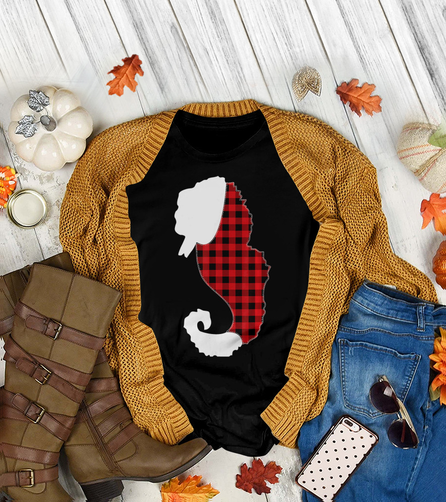 SEAHORSE Christmas Red Plaid Costume with Santa Hat T-Shirt