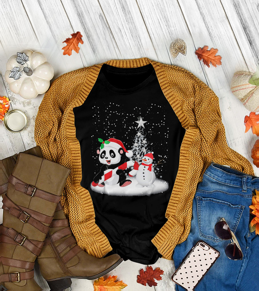 Ugly Christmas Panda with Candy Cane and Snowman in Winter Wonderland T-Shirt