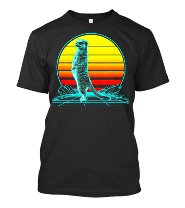 Retro Meerkat Vaporwave Neon Sun And Grid Landscape T-Shirt