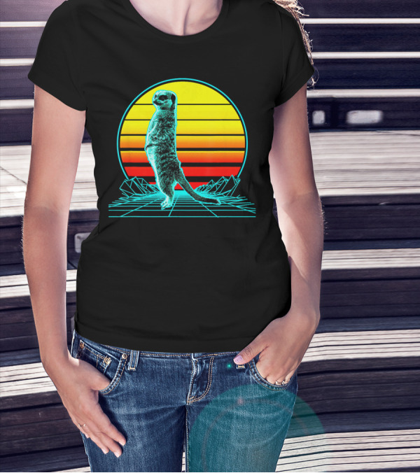 Retro Meerkat Vaporwave Neon Sun And Grid Landscape T-Shirt