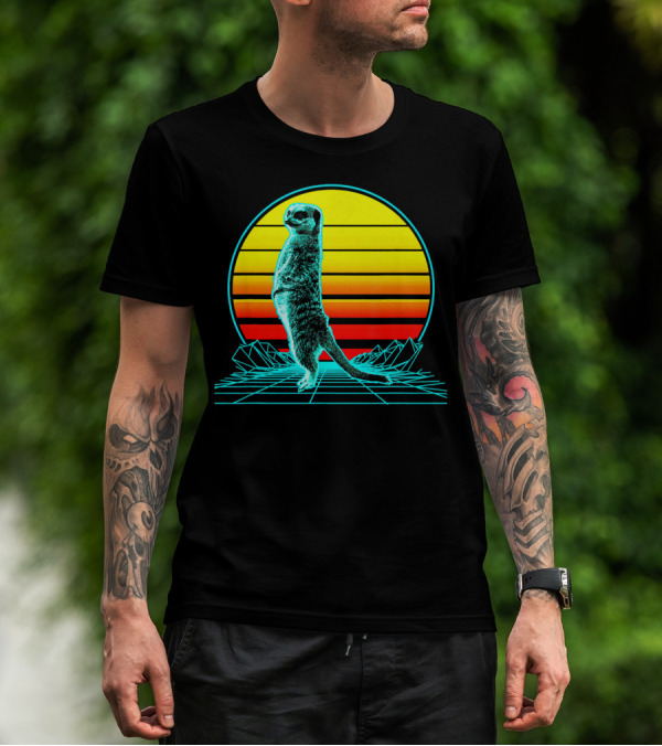 Retro Meerkat Vaporwave Neon Sun And Grid Landscape T-Shirt
