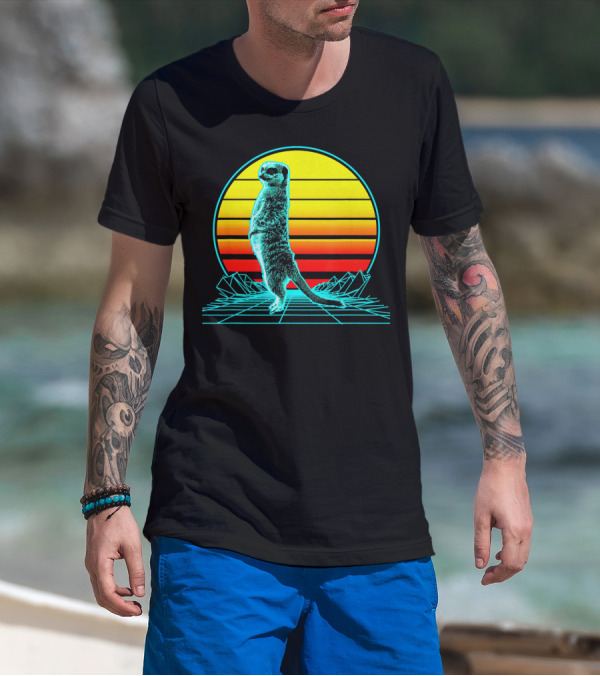 Retro Meerkat Vaporwave Neon Sun And Grid Landscape T-Shirt