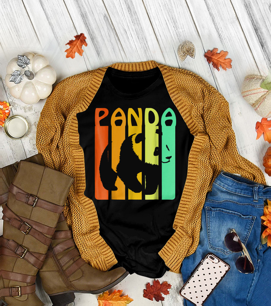 Panda Vintage Retro Bear Lover Rainbow Stripes T-Shirt