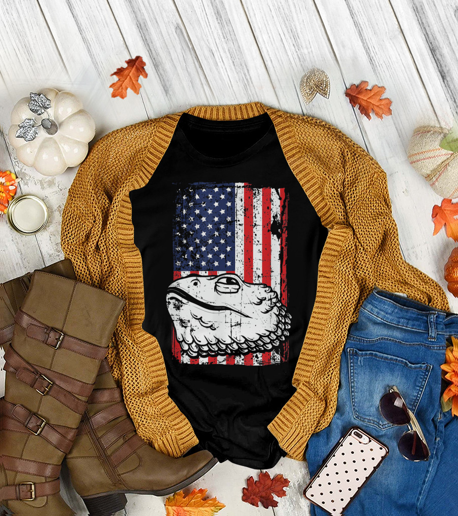 4th of July American Flag Bearded Dragon Head T-Shirt