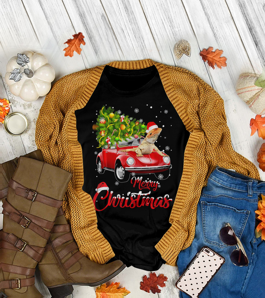 Merry Christmas Bearded Dragon on Red Truck with Christmas Tree T-Shirt