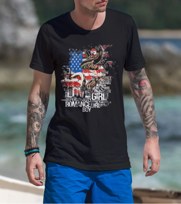 Ball Python Snake USA Flag Love Romance Typography T-Shirt
