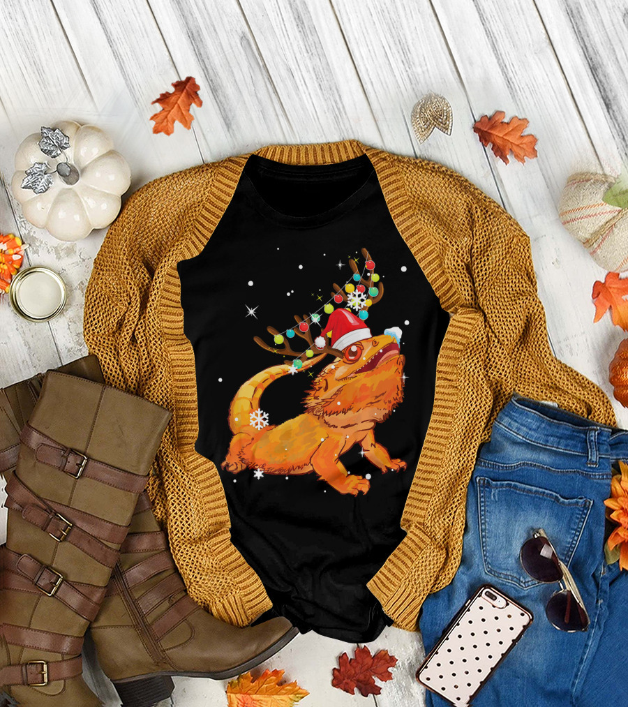 Christmas Bearded Dragon with Reindeer Antlers and Santa Hat T-Shirt