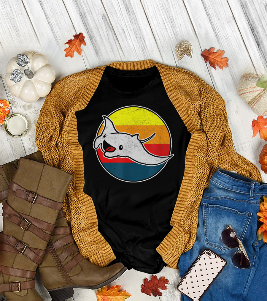 80s Retro Rad Manta Ray by Kawai Vintage Sunset Stripes T-Shirt
