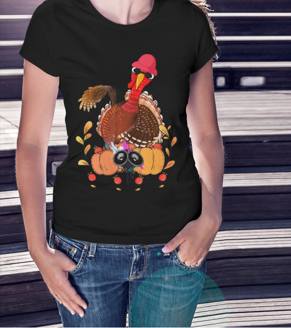 Thanksgiving Dabbing Turkey With Pumpkins And Leaves T-Shirt
