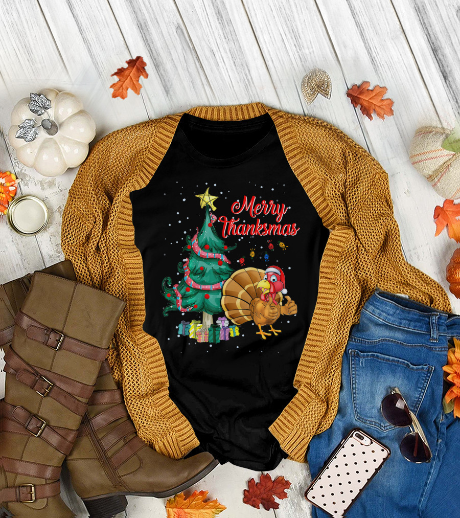 Merry Thanksmas Christmas Tree Turkey with Santa Hat and Presents T-Shirt