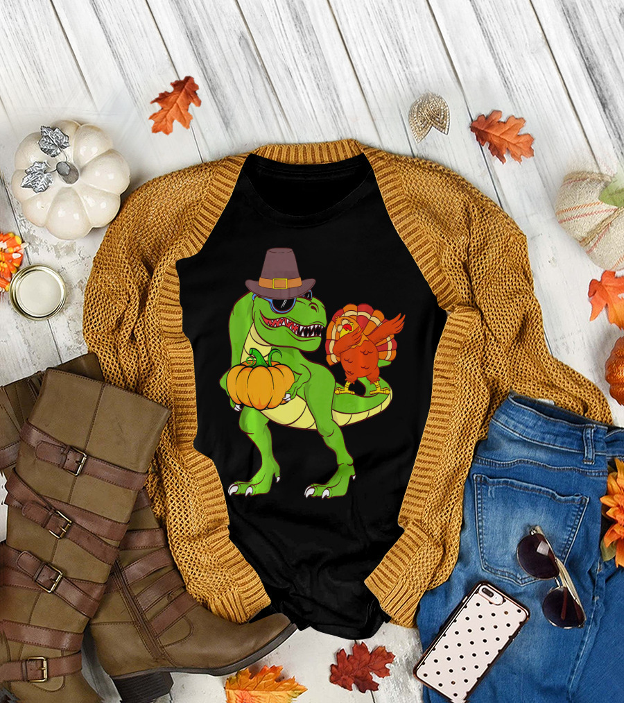 Dino Pumpkin Dabbin Turkey Pilgrim Hat Sunglasses Collection T-Shirt