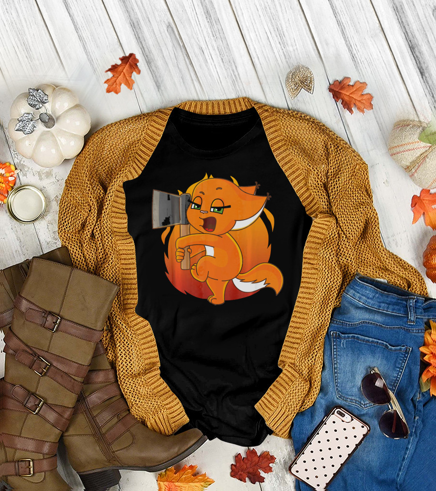 Adorable Cute Angry Squirrel Holding Axe Cartoon T-Shirt