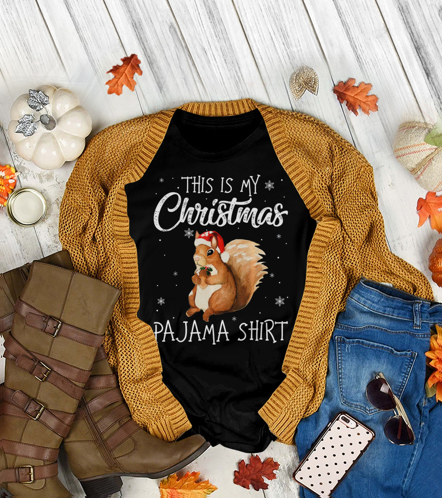 This Is My Christmas Pajama Shirt Cute Squirrel Santa Hat T-Shirt