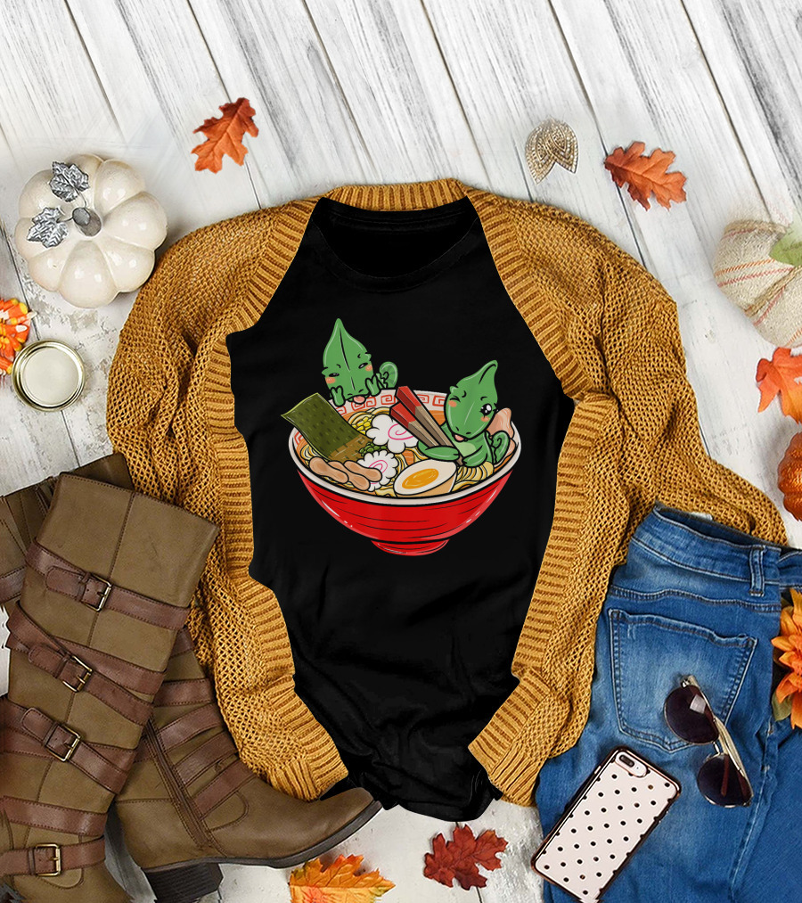 Chameleon Japanese Ramen Kawaii Funny Pe Accompanied by Cute Lizard Characters in Noodle Bowl T-Shirt
