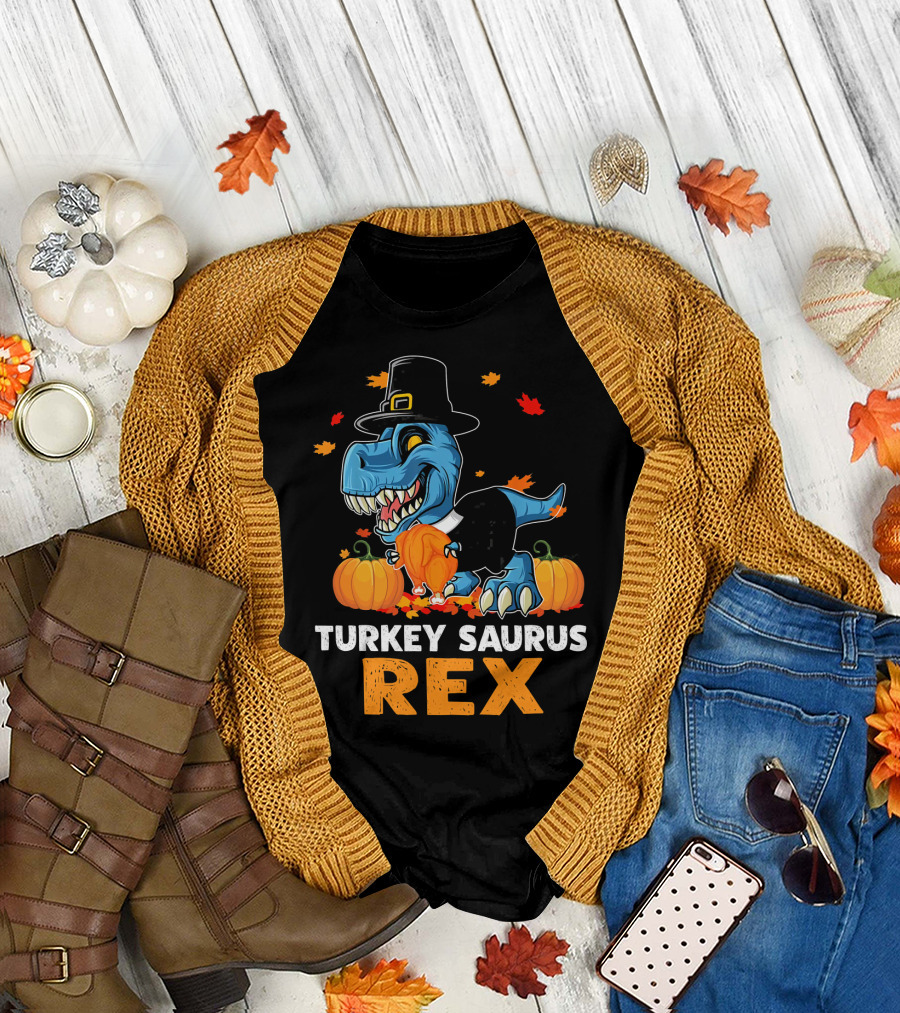 Thanksgiving Dinosaur Turkey Saurus Rex Pilgrim Pumpkin Leaves T-Shirt