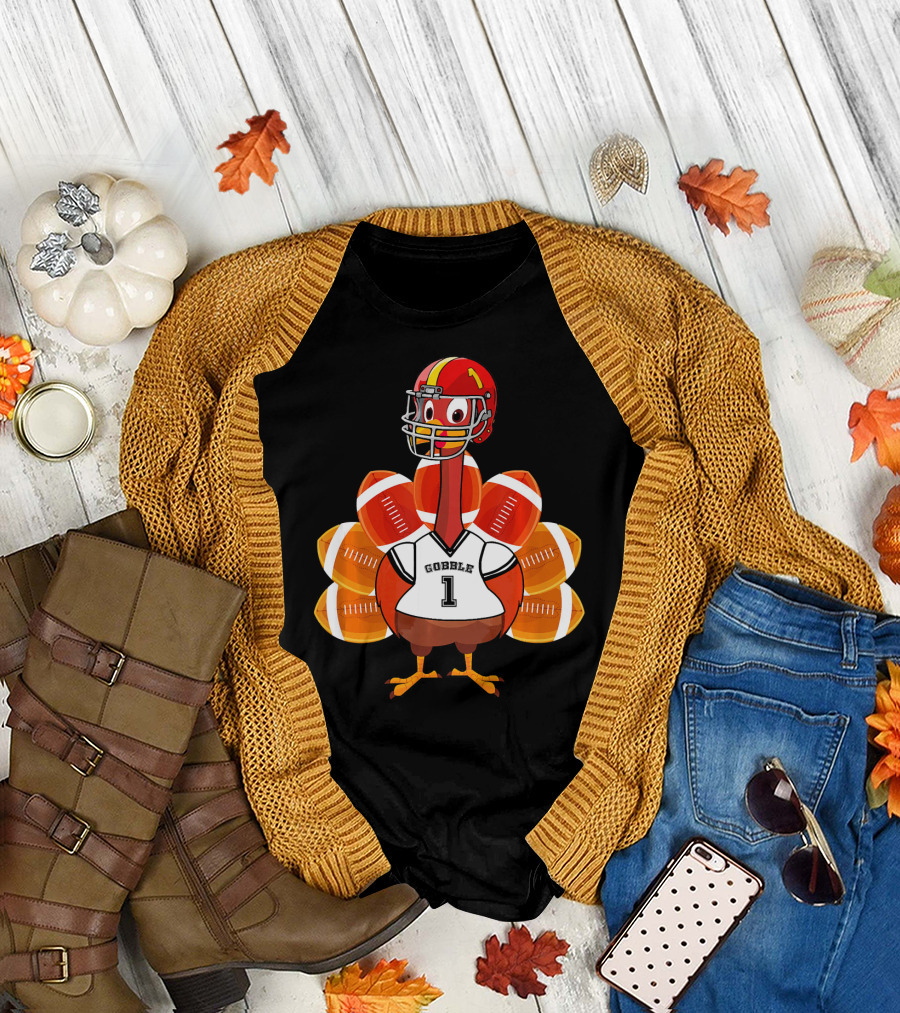 Gobble Thanksgiving Football Turkey with Helmet T-Shirt