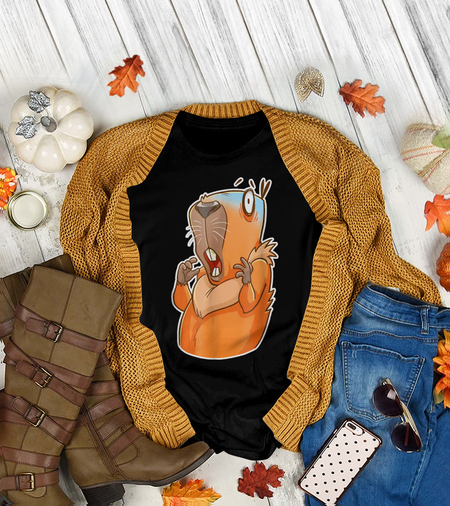 Capybara Scared Cute Guinea Style Cartoon Animal Reaction T-Shirt