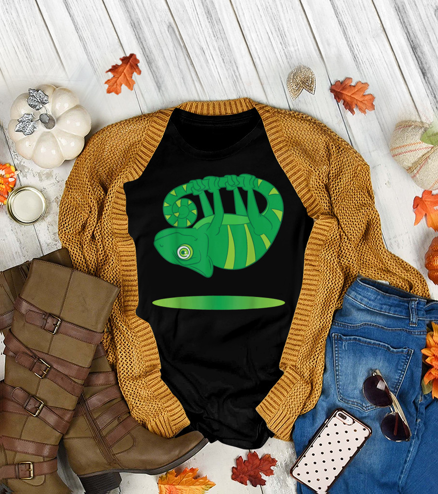 Chameleon Funny and Cute Upside Down Playful Lizard Hanging Above Green Oval T-Shirt