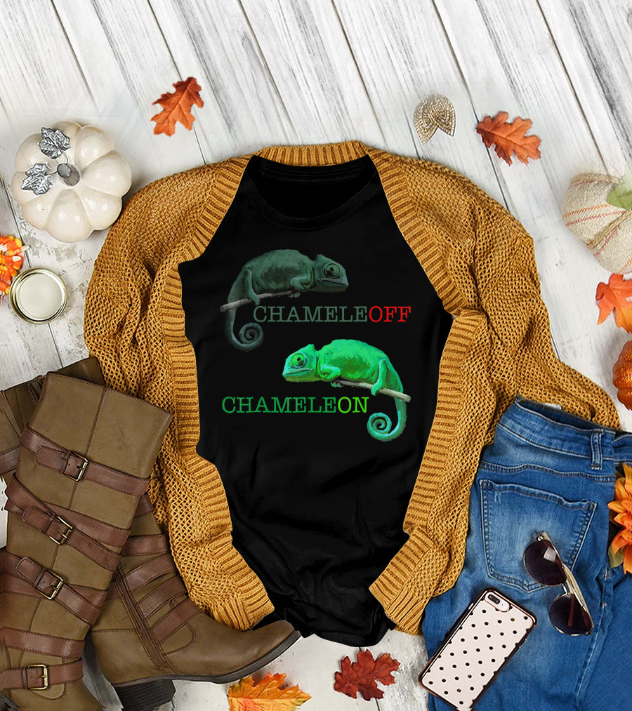 Chameleon Chameleoff Green and Grey Contrast Reptile Wordplay T-Shirt
