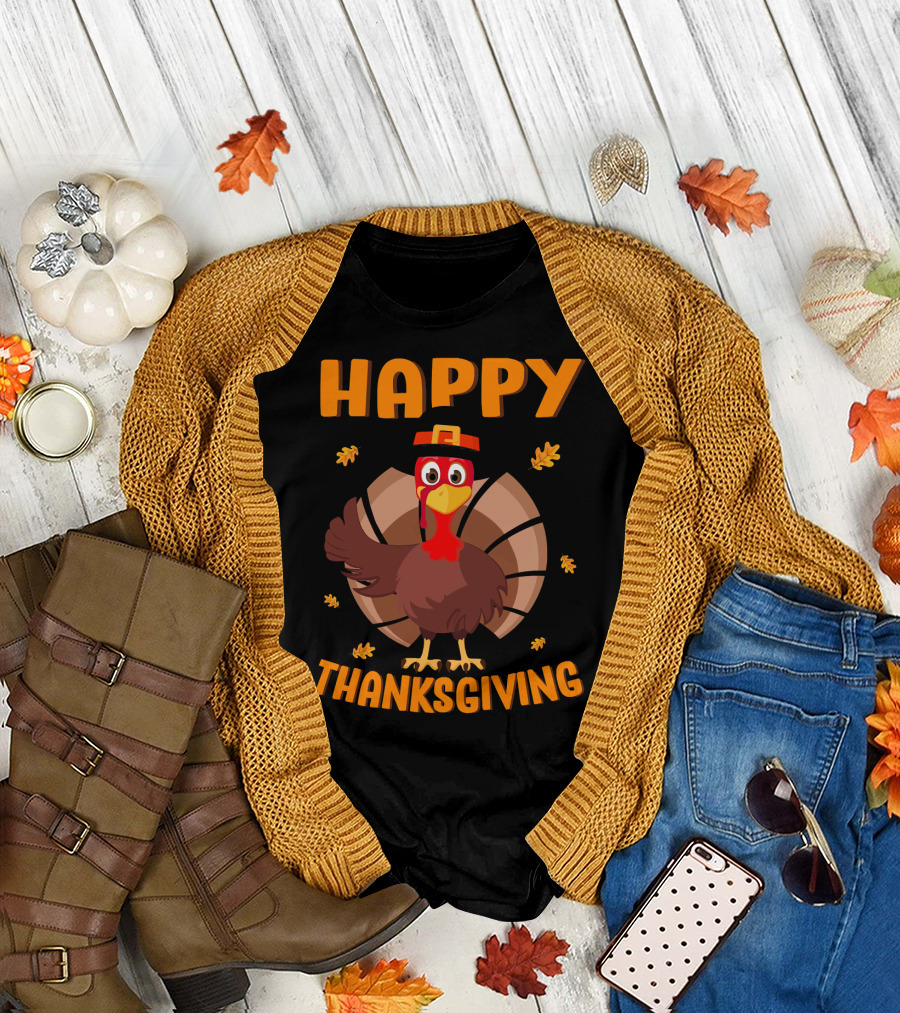 Happy Thanksgiving Turkey with Hat and Leaves T-Shirt