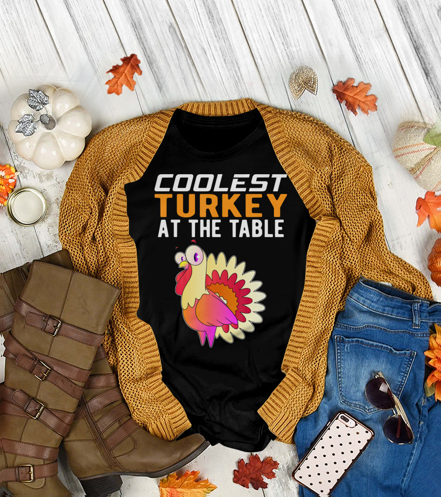 Coolest Turkey At The Table Vibrant Cartoon Style Thanksgiving Family T-Shirt
