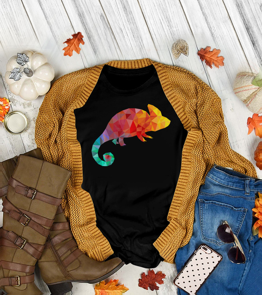 Colorful Geometric Chameleon Animal Liz Multicolor Triangles T-Shirt