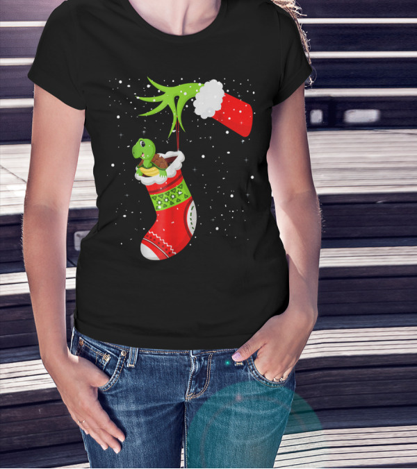 Christmas Stocking With Russian Tortoise And Green Grinch Hand T-Shirt