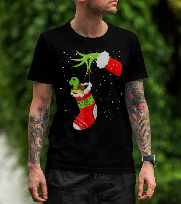 Christmas Stocking With Russian Tortoise And Green Grinch Hand T-Shirt