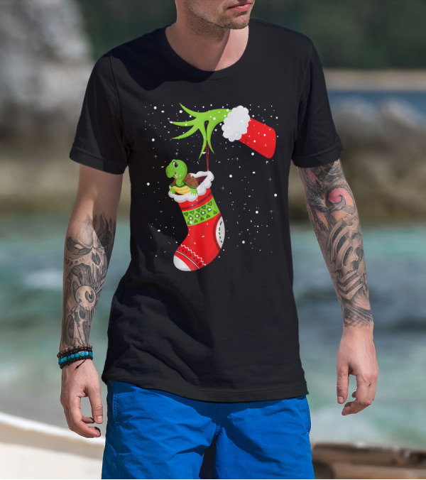 Christmas Stocking With Russian Tortoise And Green Grinch Hand T-Shirt