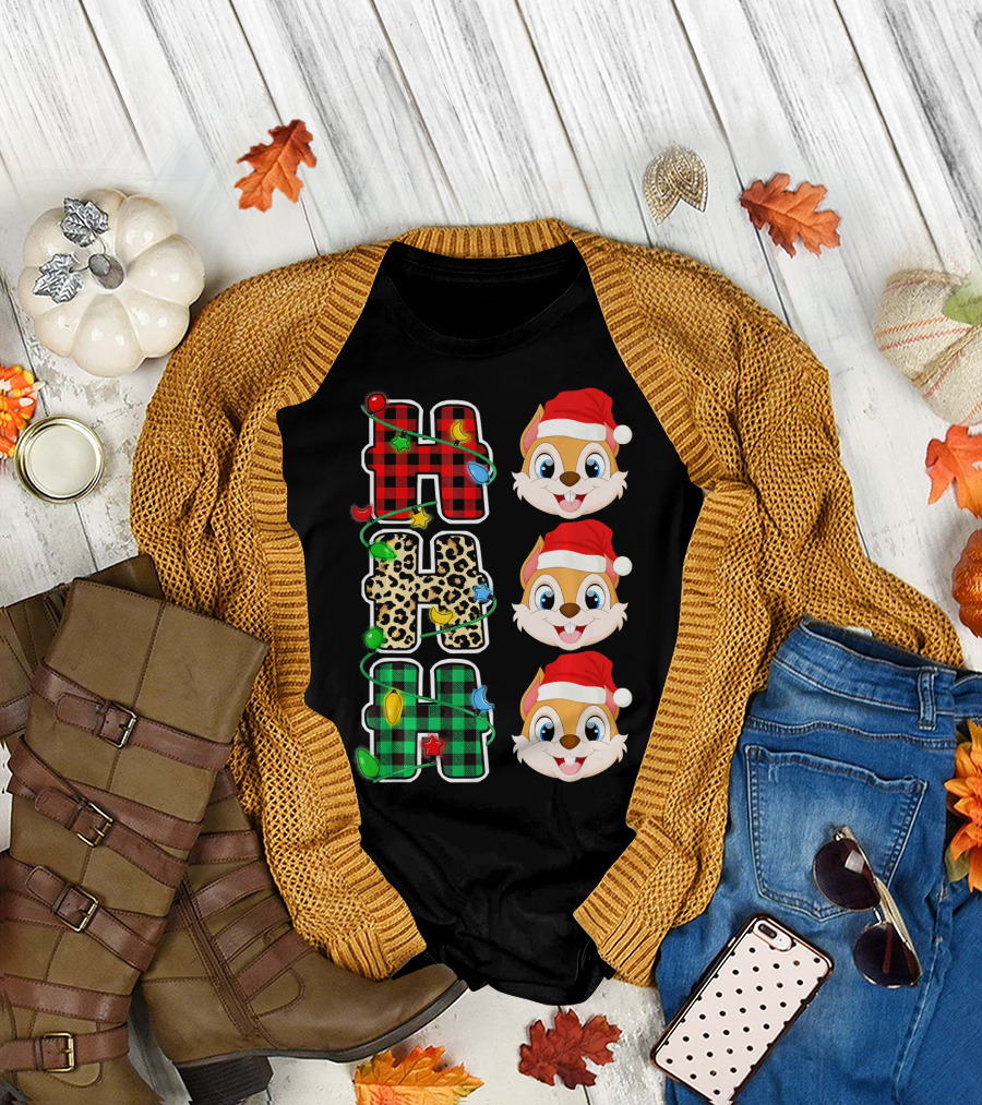 HO HO HO Santa Hat Chipmunk Plaid Leopard Christmas Lights T-Shirt